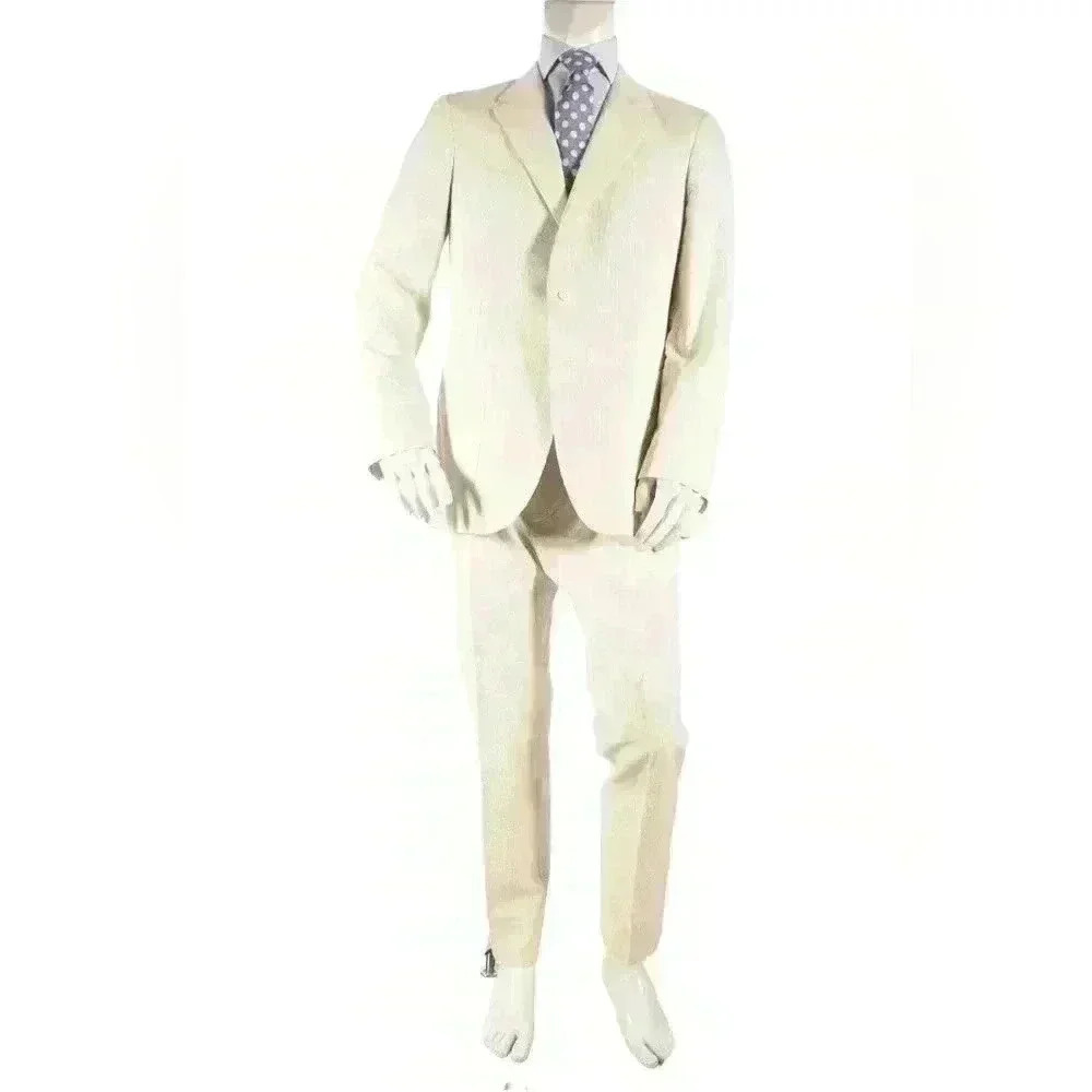 PAUL SMITH Beige White Cotton Stripe Seersucker Summer Slim Suit 44R Italy